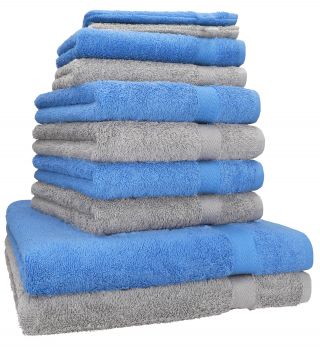Betz 10-tlg. Handtuch-Set PREMIUM 100%Baumwolle 2 Duschtücher 4 Handtücher 2 Gästetücher 2 Waschhandschuhe Farbe Hell Blau & Silber Grau